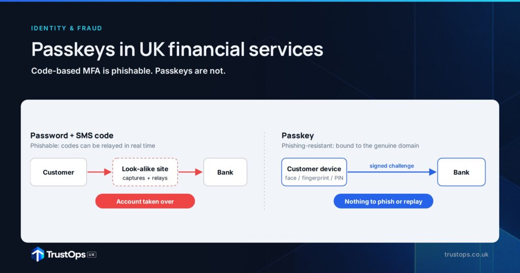 Passkeys in UK financial services: password plus SMS code can be relayed by a look-alike site, a passkey is bound to the genuine domain
