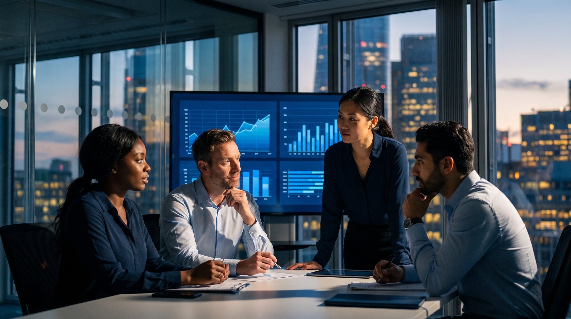 Leadership team reviewing charts in a glass-walled boardroom at dusk