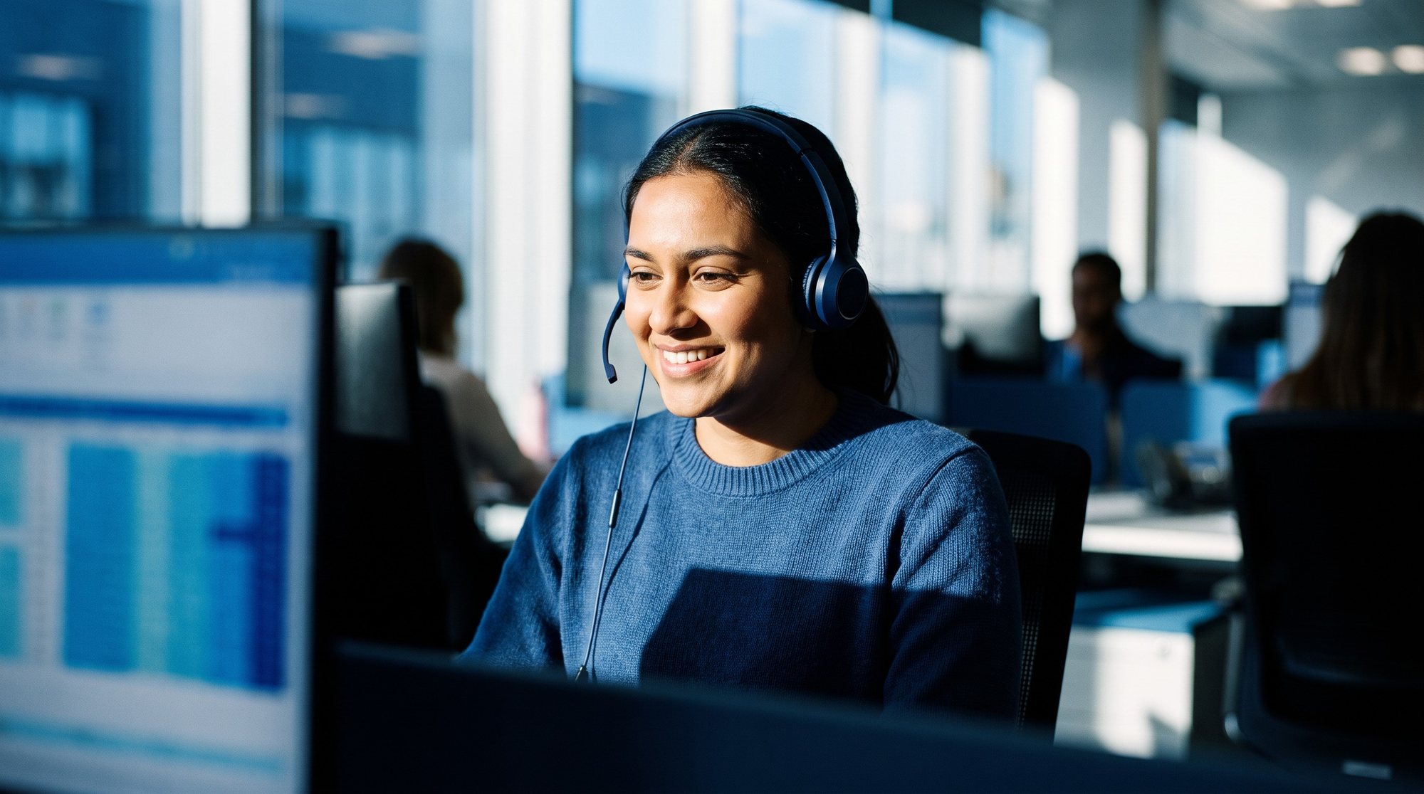 Contact-centre adviser with a headset working at her desk