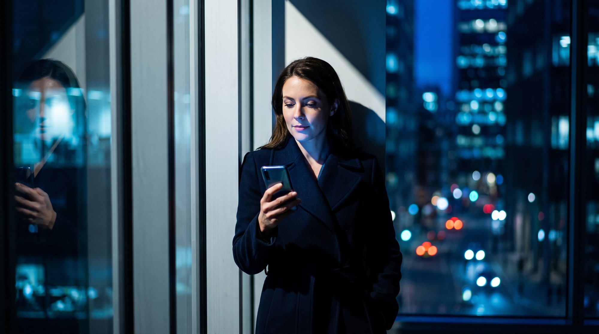Professional in a City of London office at dusk unlocking her smartphone with face recognition