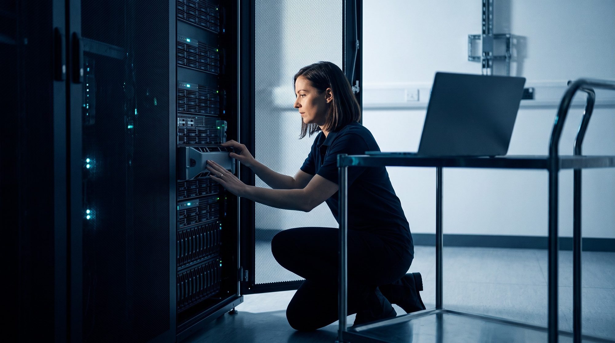 Infrastructure engineer checking a backup appliance in a data centre during a recovery exercise