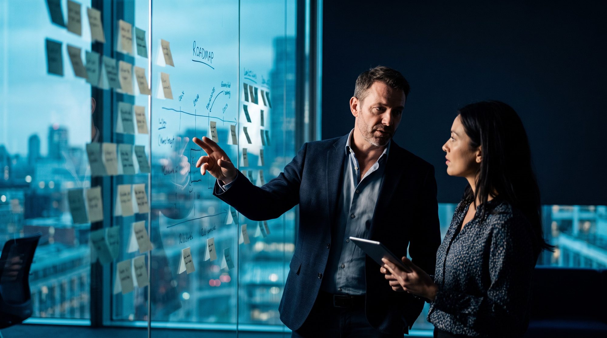 Security leader and colleague planning priorities at a glass wall of sticky notes in a London office at dusk