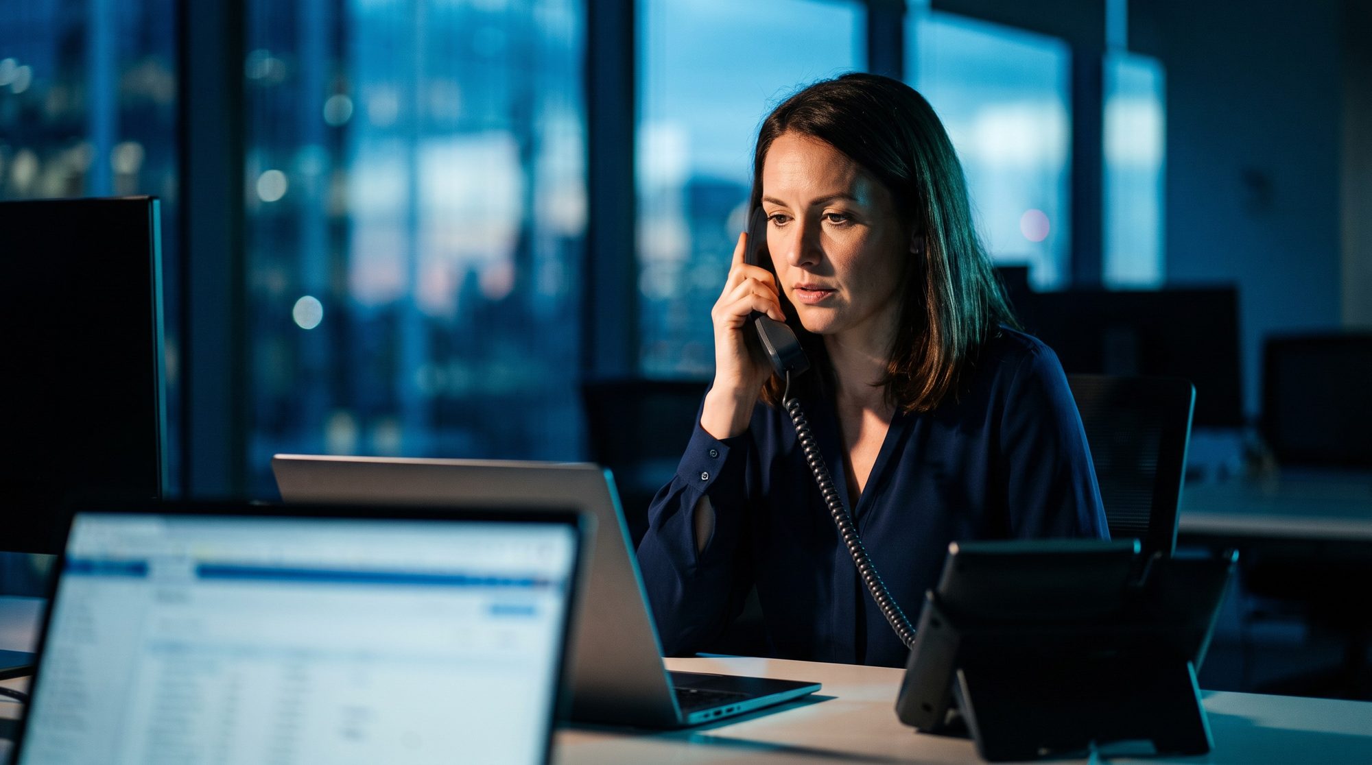 Payments specialist in a City of London office at dusk calling a supplier back to verify a payment request