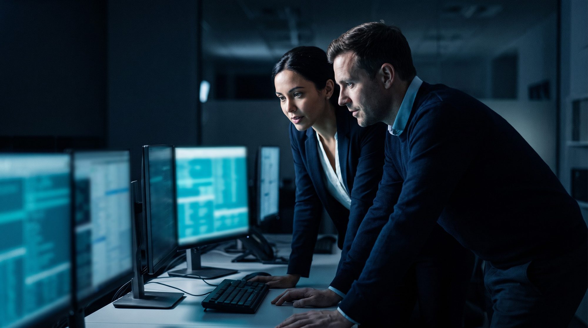 Two security analysts reviewing an alert together in a bank security operations centre