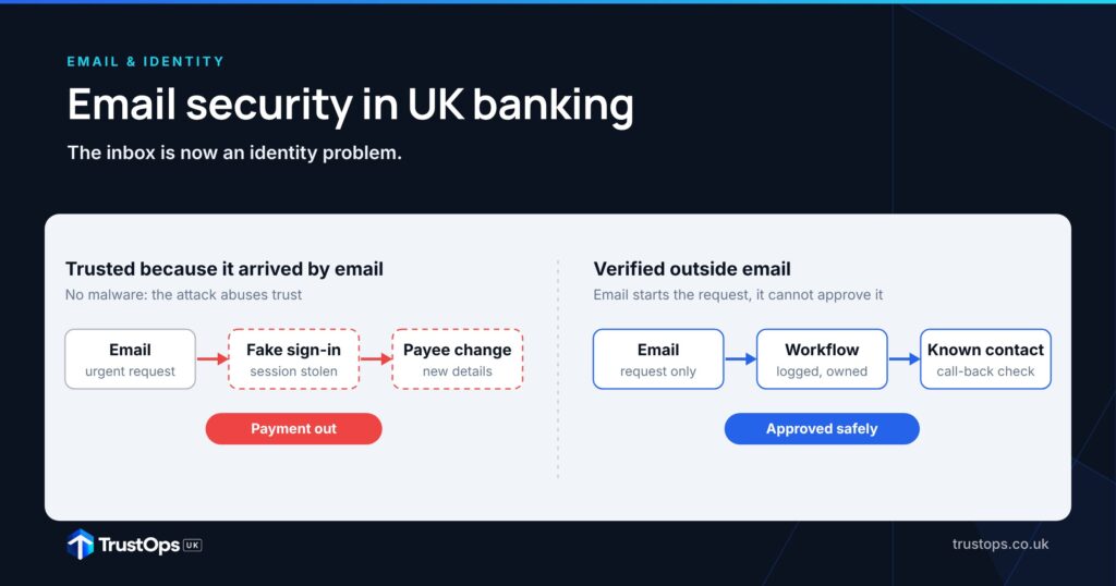 Diagram: an email trusted by default leads to a fake sign-in, a payee change and a payment out; verified outside email it goes through a workflow and a known-contact check