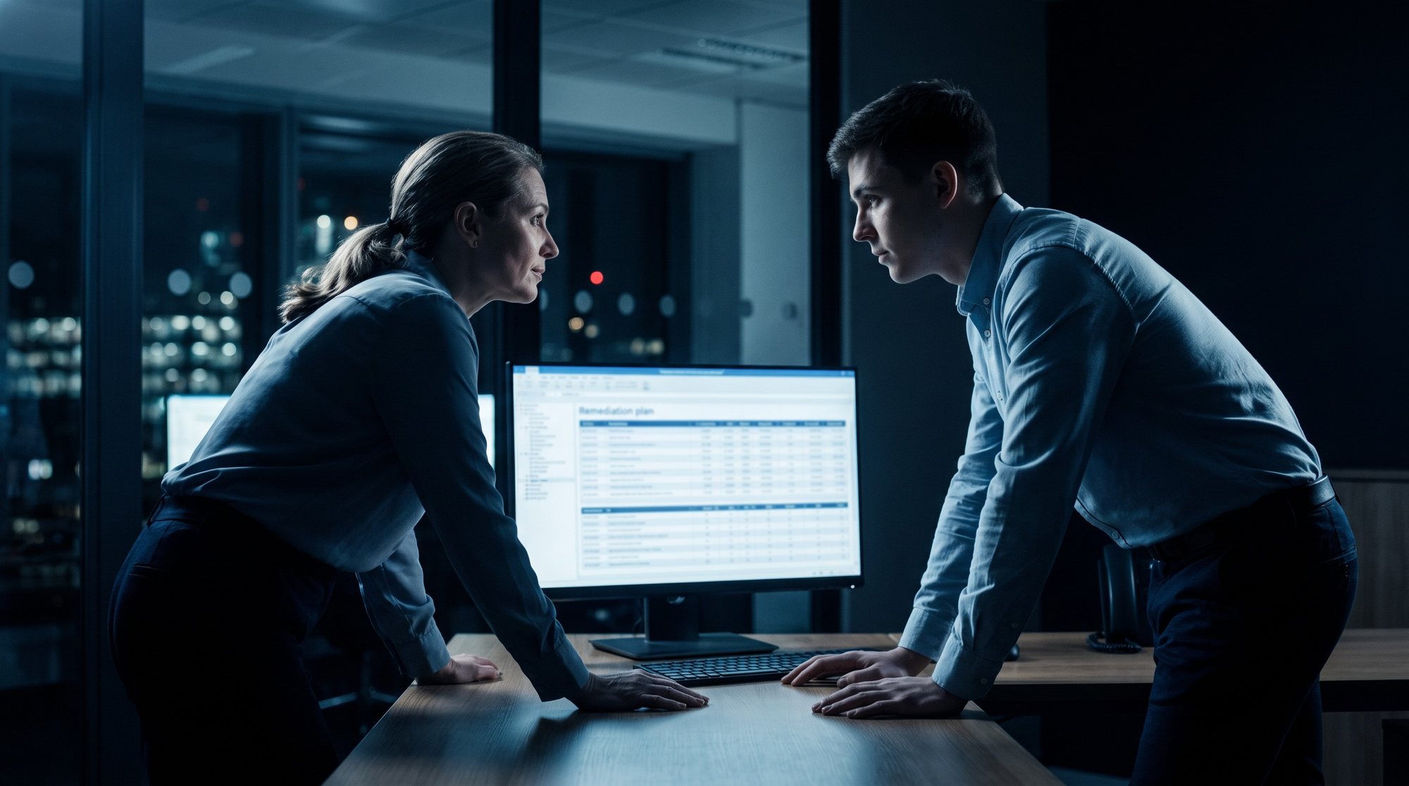Two engineers in a bank technology operations room reviewing a remediation plan on a monitor at night