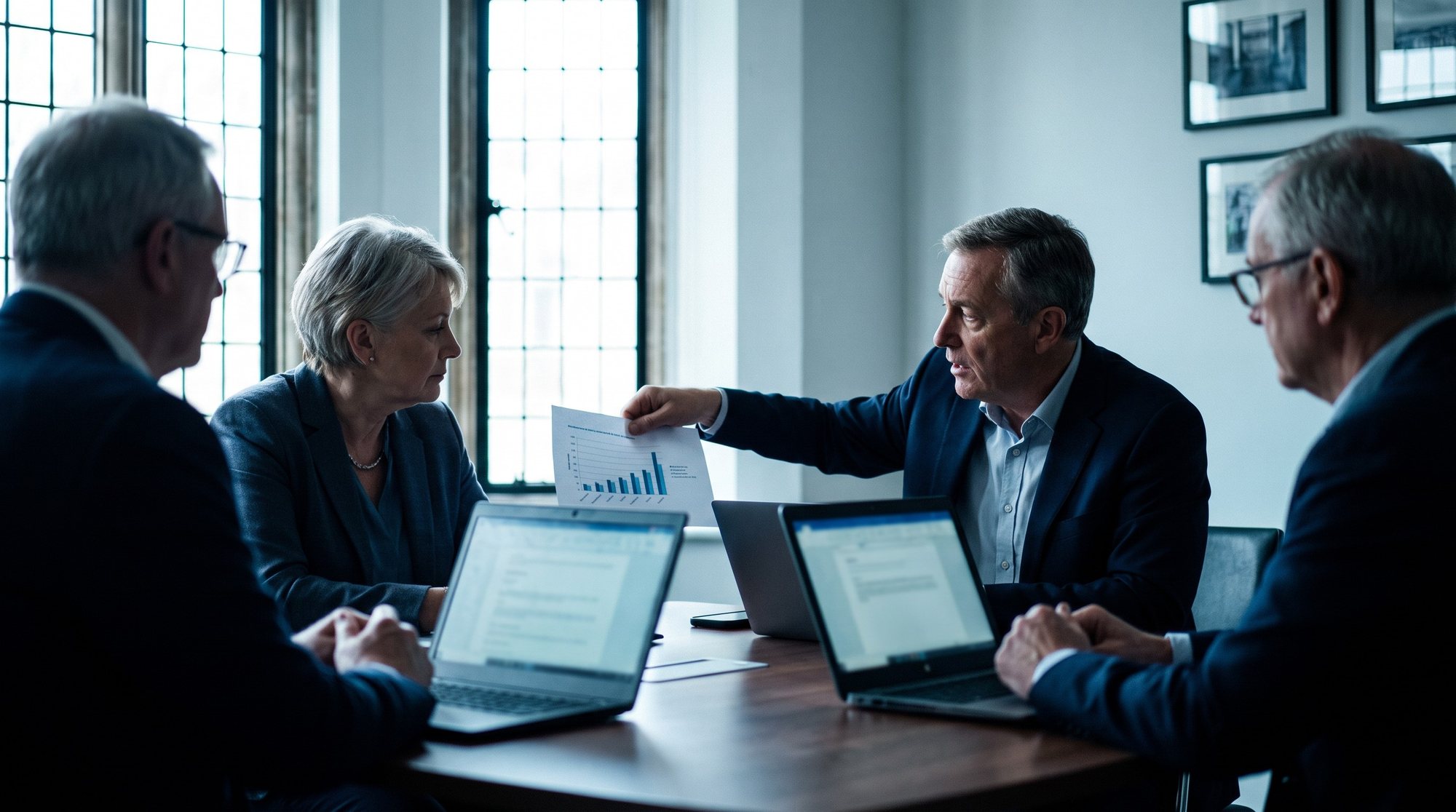 Senior leaders in a building society boardroom discussing a printed risk chart