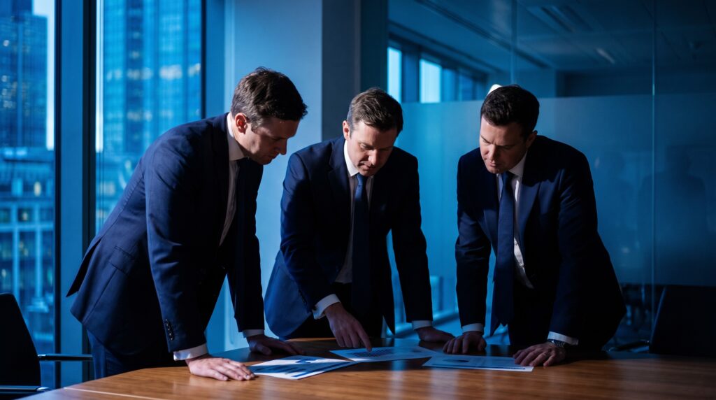 Executives reviewing papers around a boardroom table in a UK office at dusk