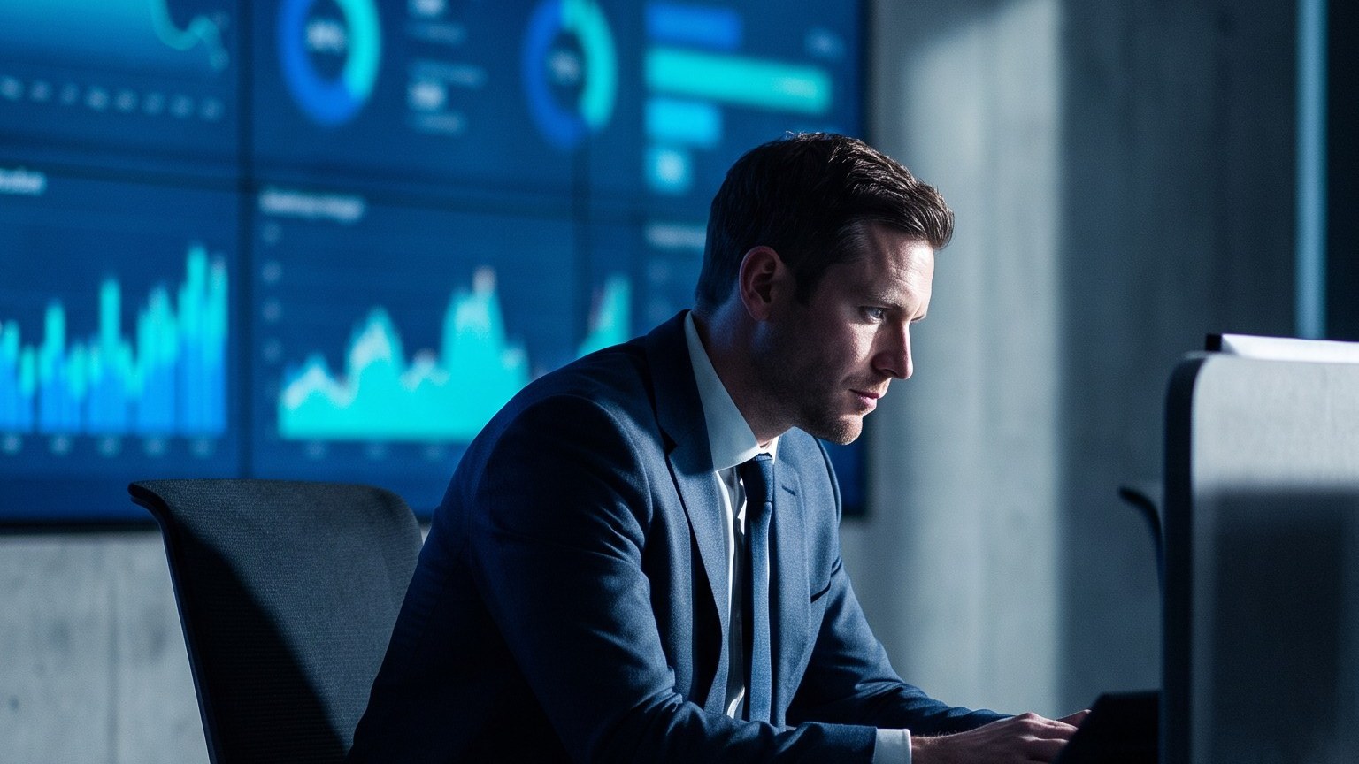 Security analyst at a desk in a dimly lit operations room with dashboards on a wall display