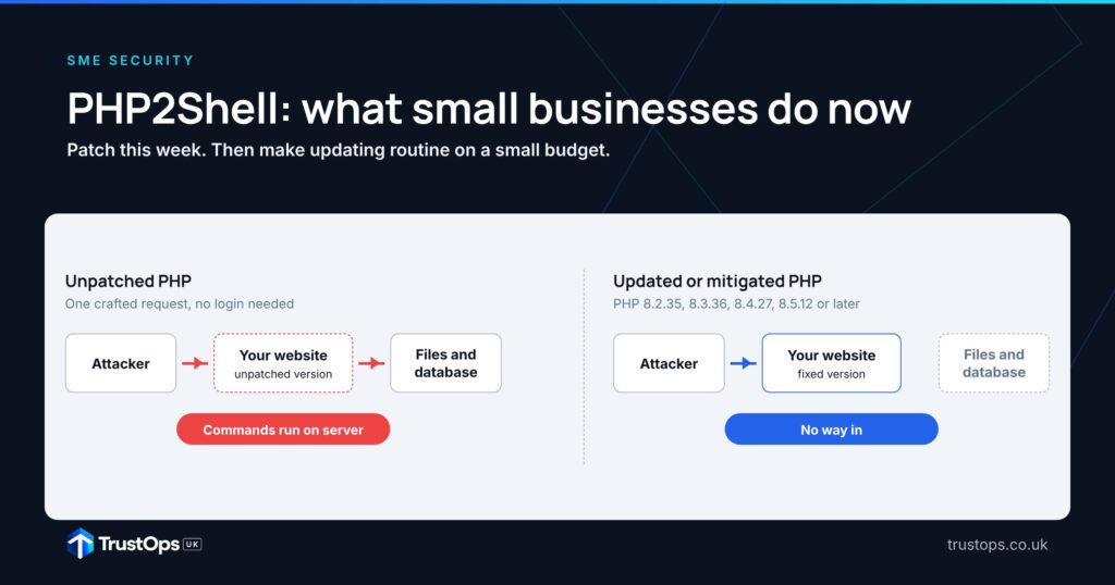 PHP2Shell: unpatched PHP lets an attacker run commands on the server; updated PHP gives no way in