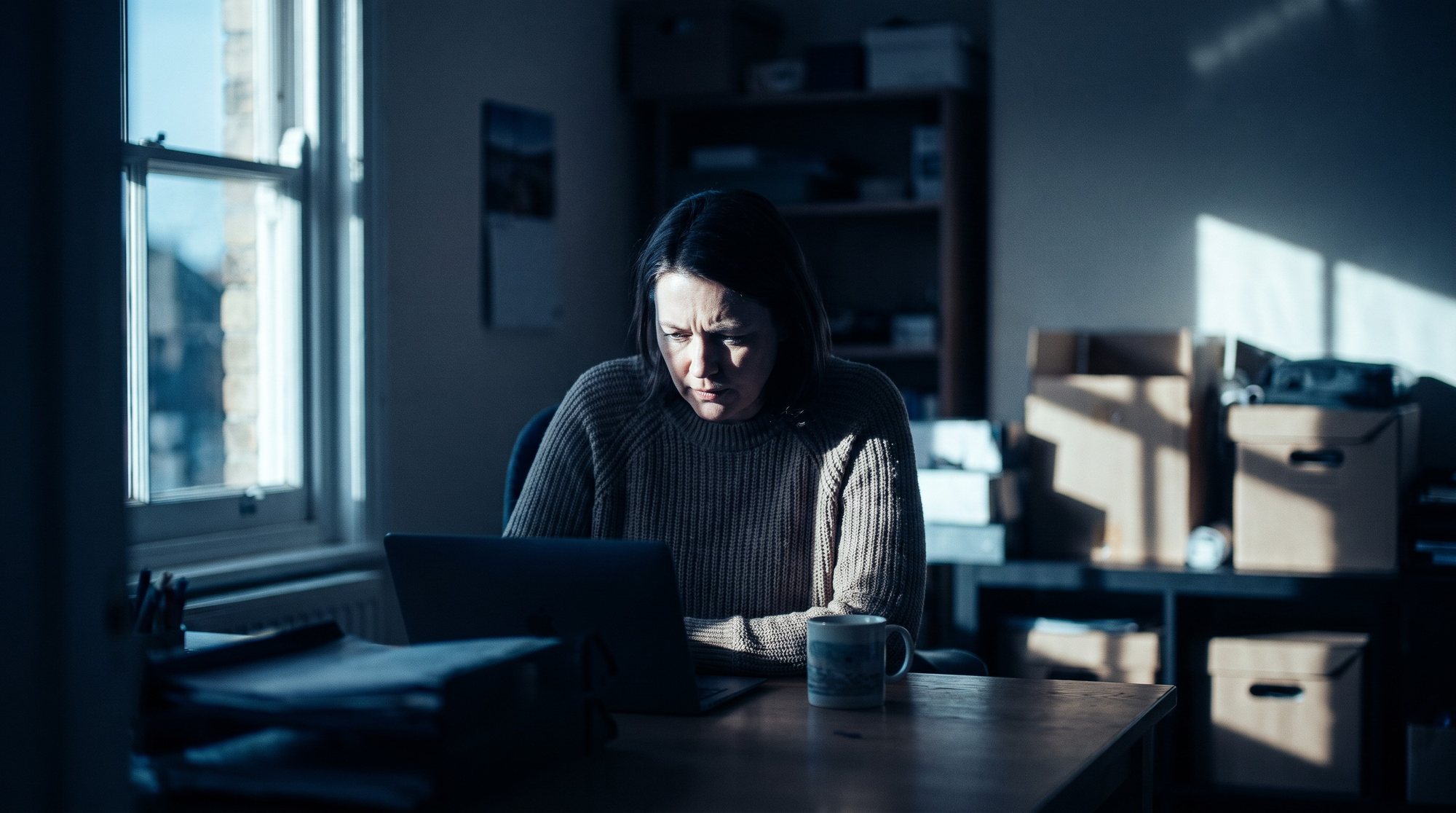 Small business owner working on a laptop in the back office of an independent shop