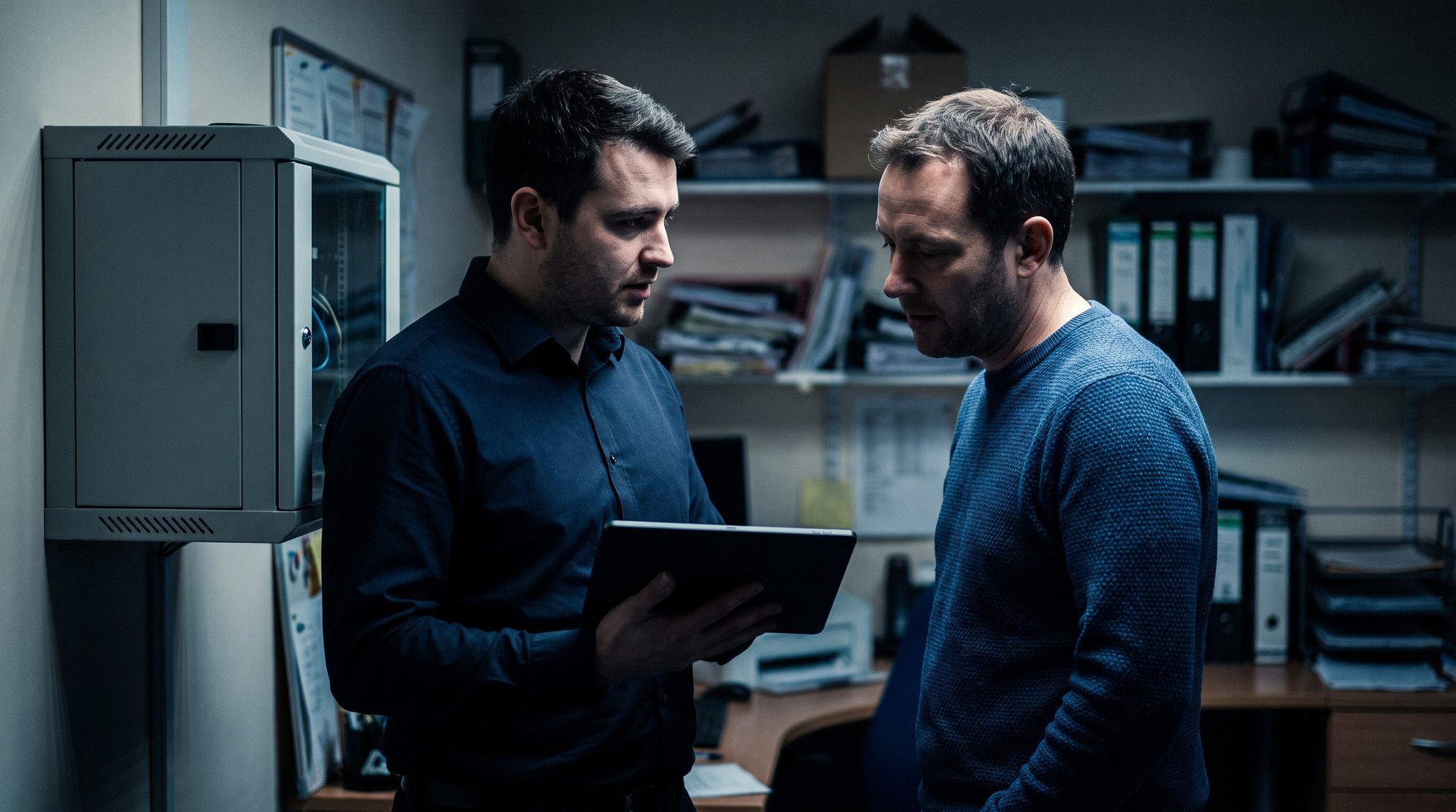 IT support technician and small business owner reviewing a checklist beside a network cabinet